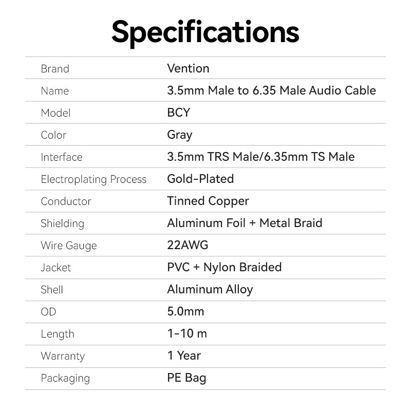 Vention Nylon Braided 3.5mm TRS Male to 6.35mm TS Male Audio Cable 1M Gray Aluminum Alloy Type