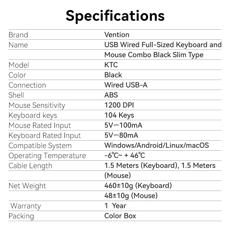 Vention USB Wired Full-Sized Keyboard and Mouse Combo Black Slim Type - US English Layout