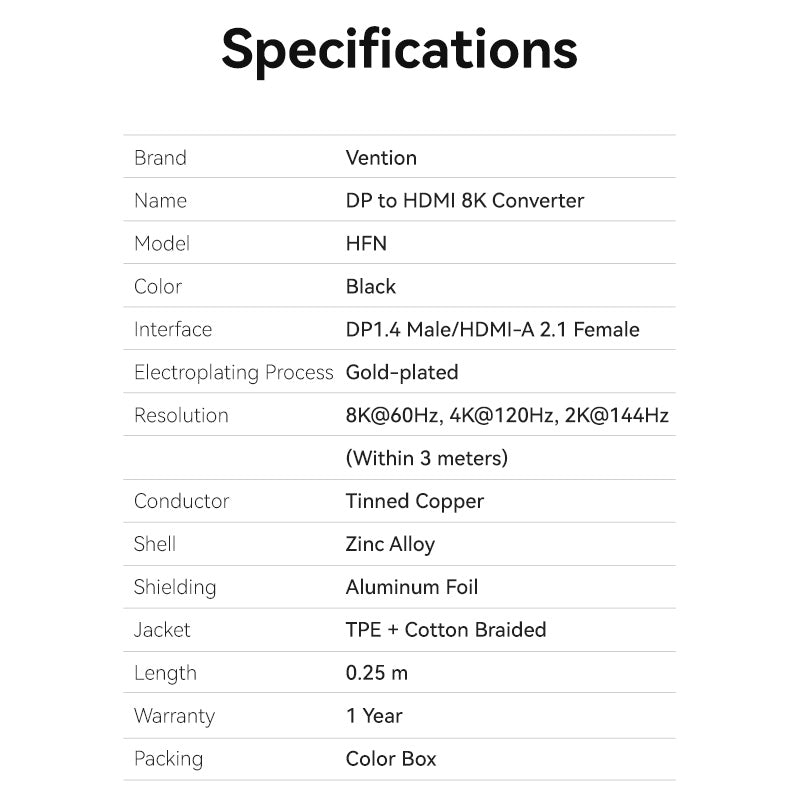 Vention Cotton Braided DP Male to HDMI™ Female 8K Converter 0.25M Black Zinc Alloy Type
