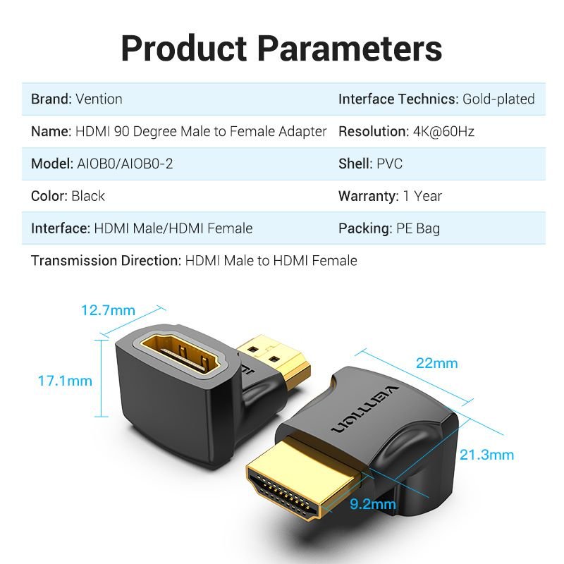 Vention HDMI™ 90 Degree Male to Female Adapter Black