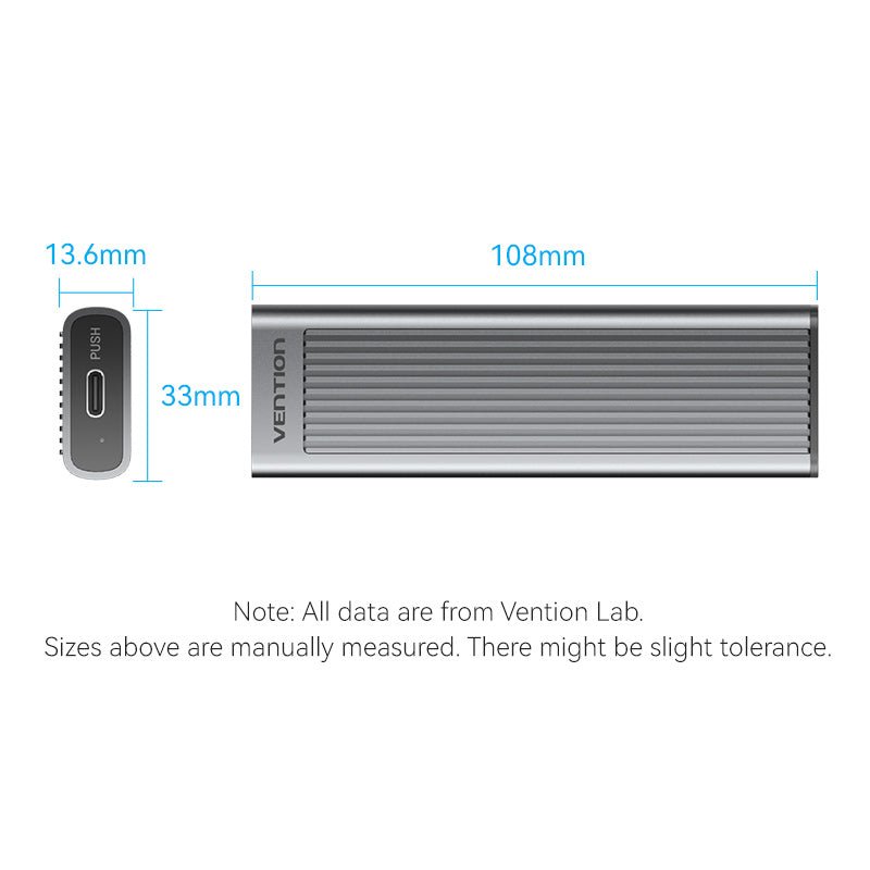 Vention M.2 NVMe SSD Enclosure (USB 3.1 Gen 2-C) with Heat Sink Gray Aluminum Alloy Type