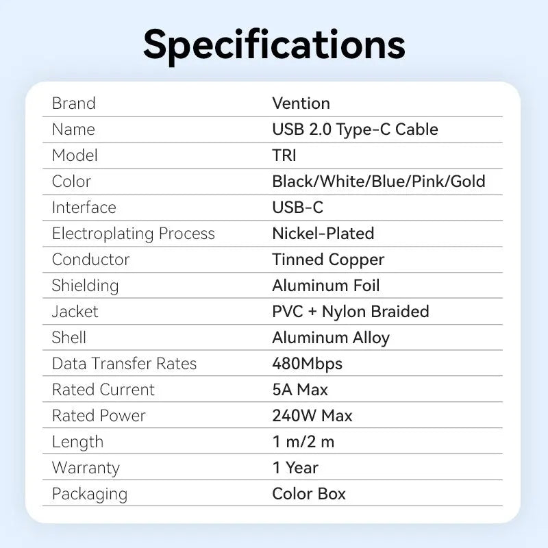Vention USB 2.0 Type-C Male to Type-C Male 5A Cable  Aluminum Alloy Type