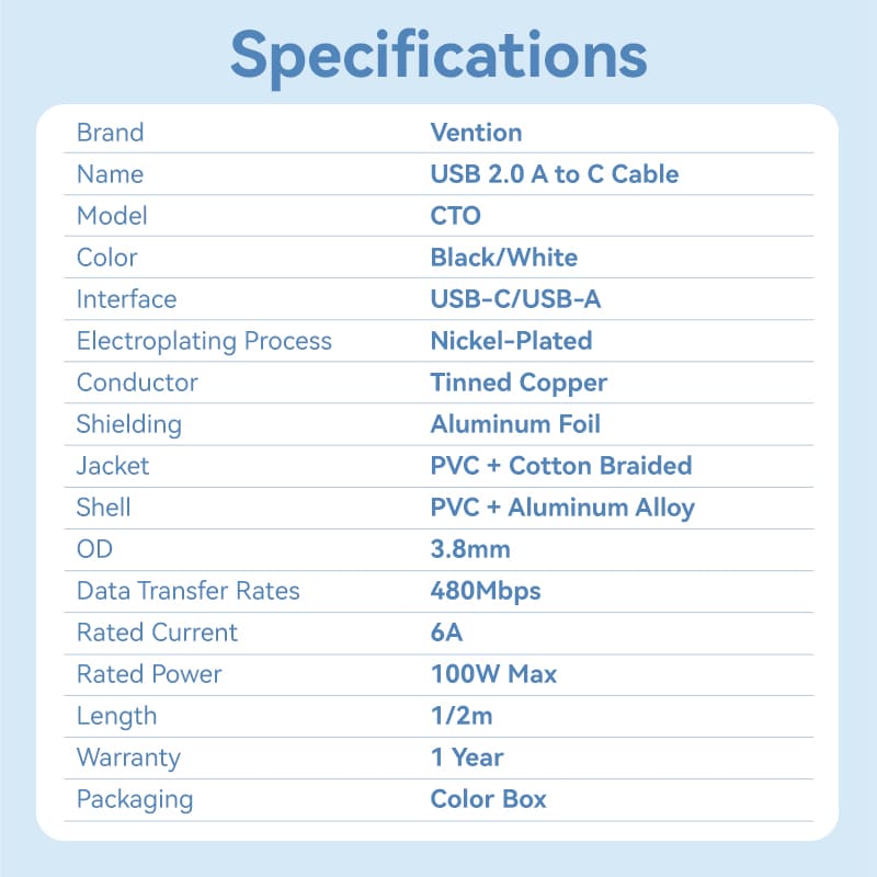 Vention USB 2.0 A Male to C Male 6A Cable Aluminum Alloy Type