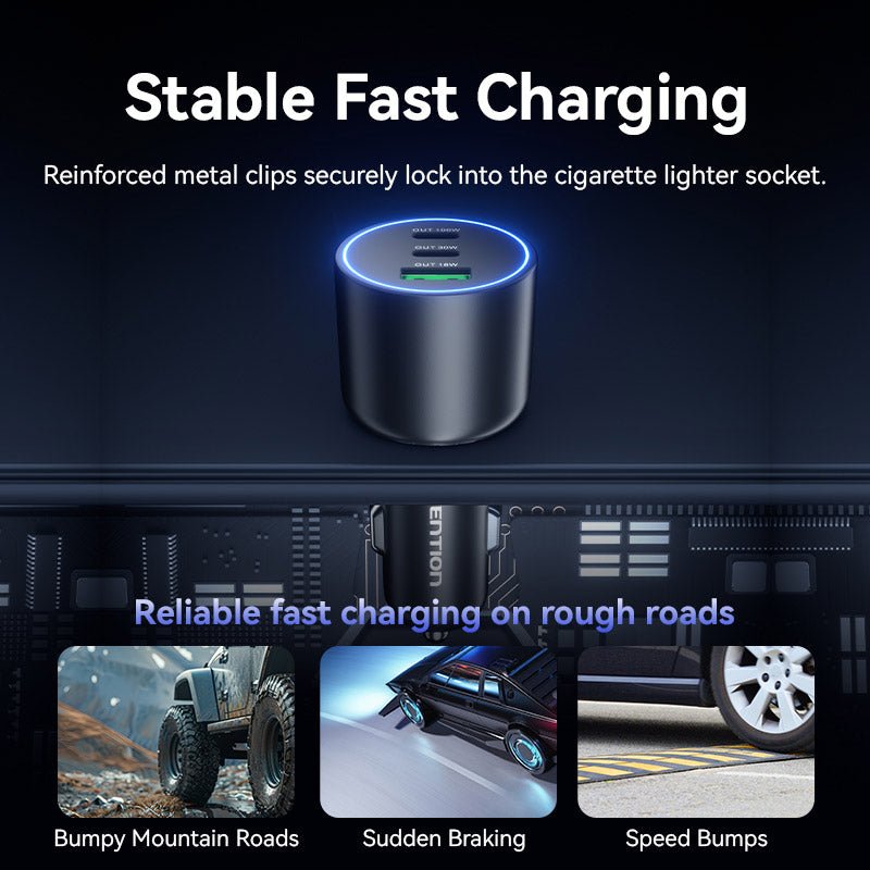 Vention Three-Port USB C+C+A (100W+30W+18W) Car Charger Black ABS Type