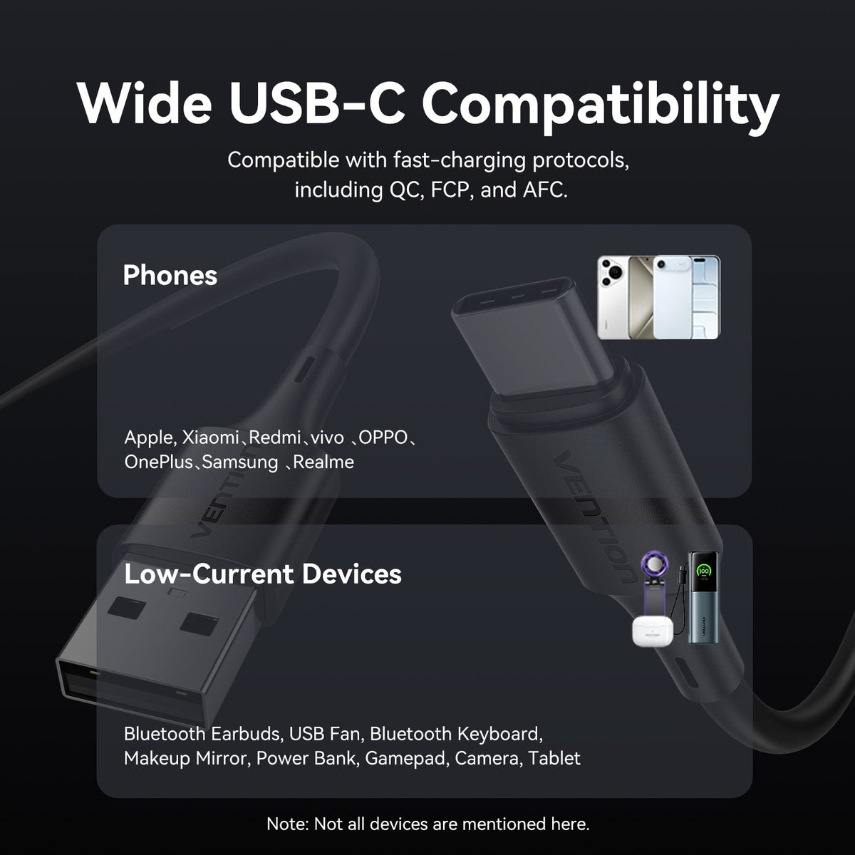 Vention USB 2.0 A Male to C Male 3A Cable 0.25M Black PVC Type
