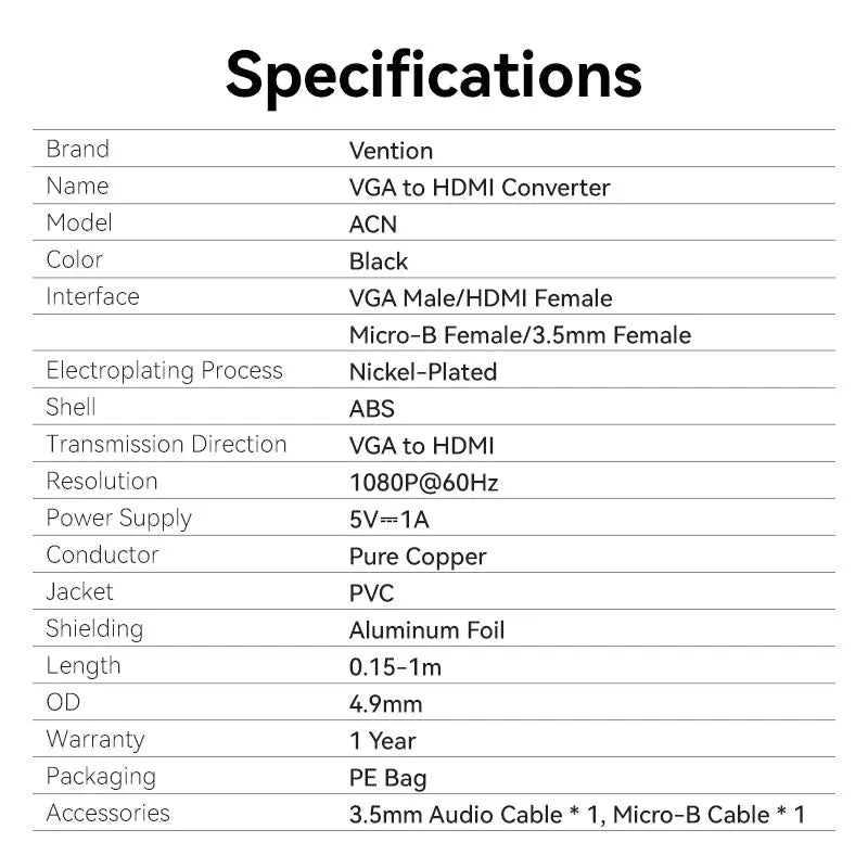 Vention VGA to HDMI™ Converter with Female Micro USB and Audio Port