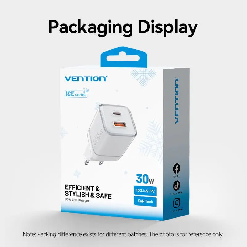 Vention 2-Port USB (C + A) GaN Charger (30W/30W) EU-Plug