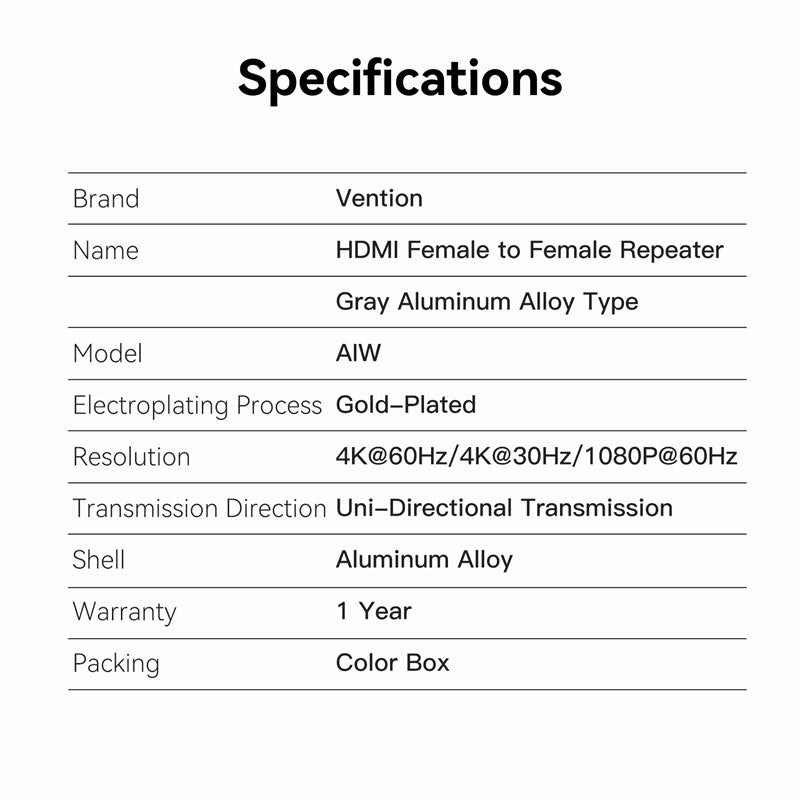 Vention HDMI™ Female to Female Repeater Gray Aluminum Alloy Type