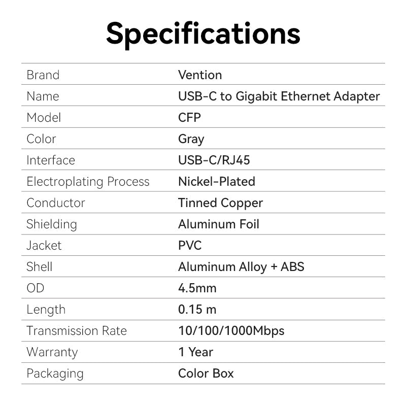 Vention USB-C to Gigabit Ethernet Adapter 0.15M Gray Aluminum Alloy Type