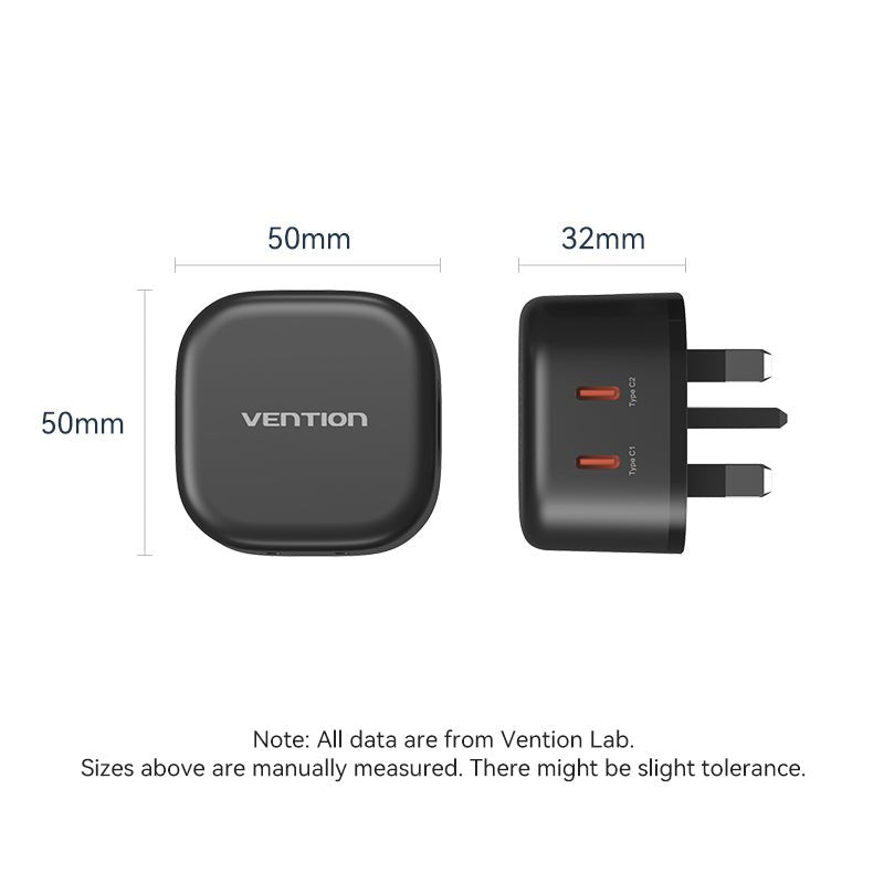 Vention 2-Port USB (C + C) GaN Charger (45W/45W) UK-Plug Black