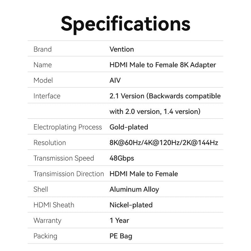Vention HDMI™ Male to Female 8K Adapter Gray Aluminum Alloy Type