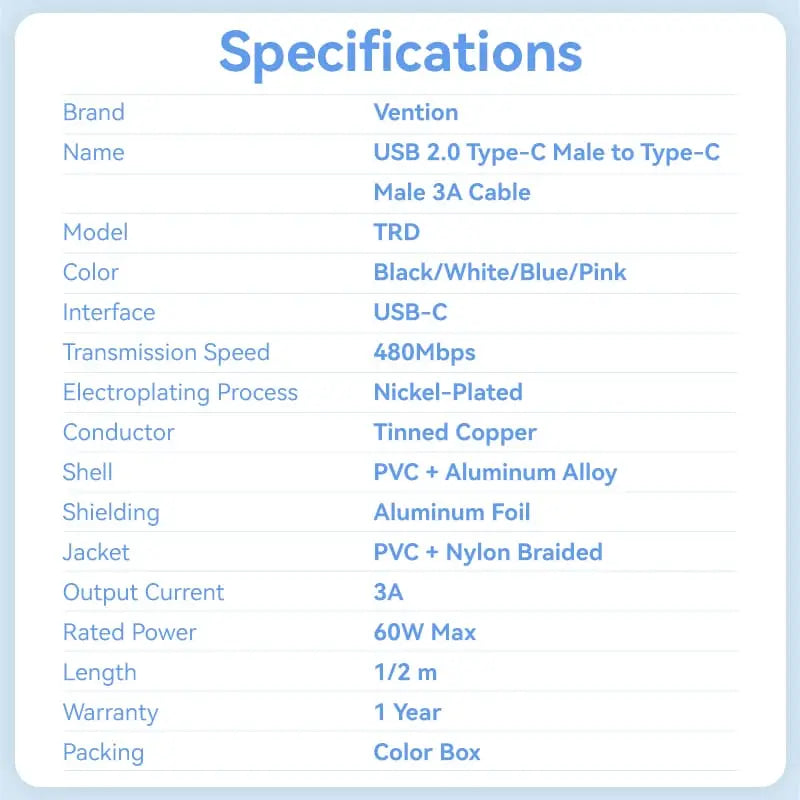 Vention USB 2.0 Type-C Male to Type-C Male 3A Cable Aluminum Alloy Type
