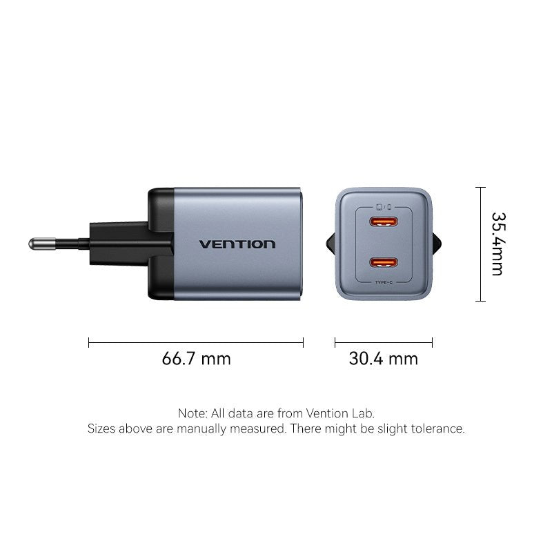 Vention 2-Port USB (C + C) GaN Charger (45W/45W) EU-Plug Gray