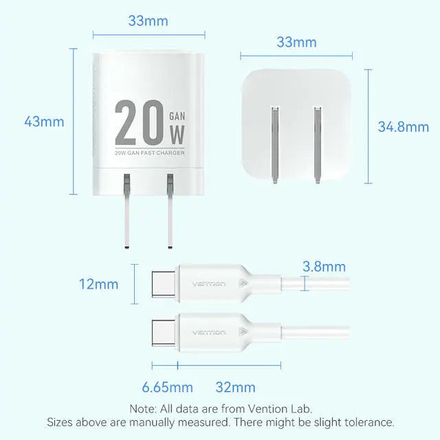 Vention 1-Port USB-C GaN Charger (20W) with USB-C to USB-C Cable (1M) US Plug