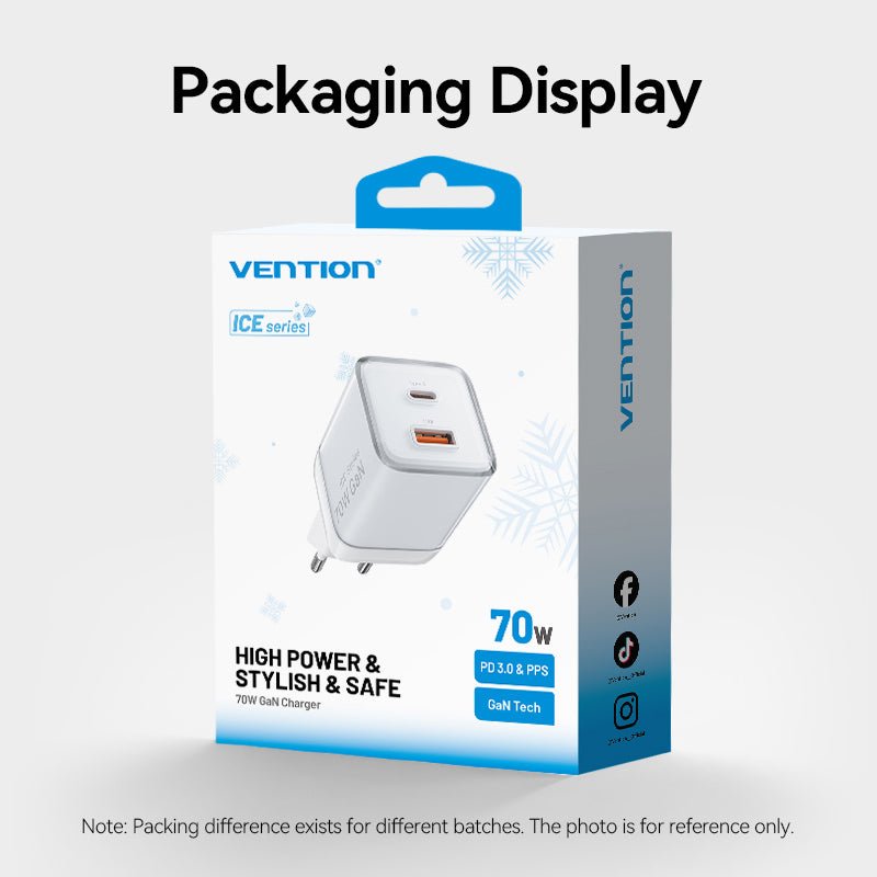 Vention 2-Port USB (C + A) GaN Charger (70W/22.5W) EU-Plug Transparent Gray