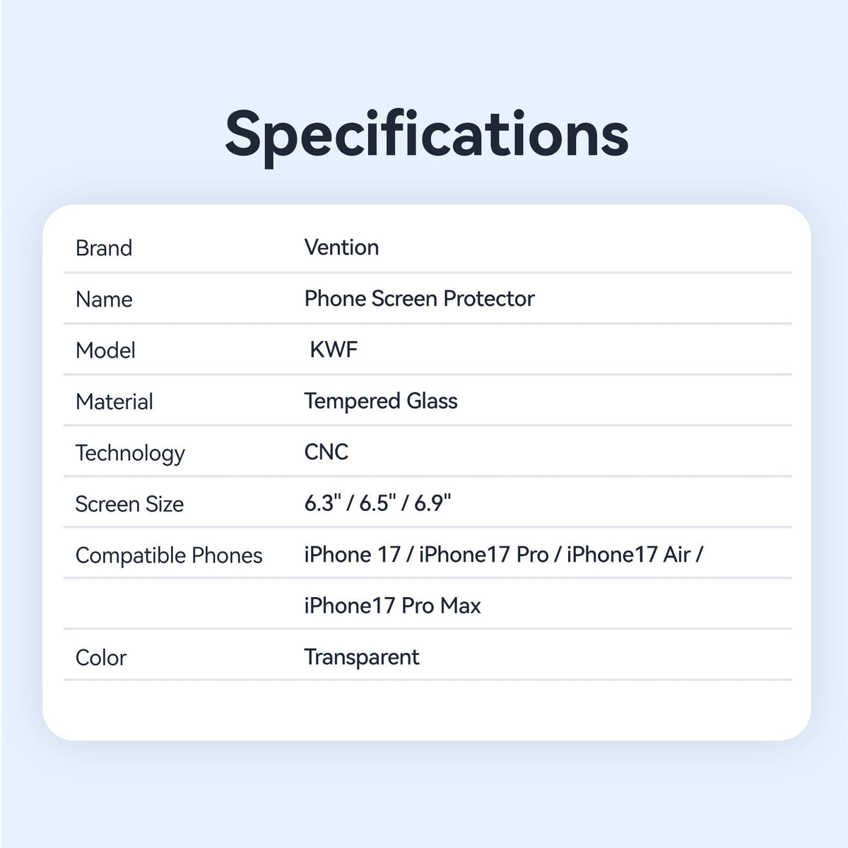 Vention HD Tempered Glass Screen Protector for iPhone 17/iPhone 17 Air/ iPhone 17 Pro/ iPhone 17 Pro
