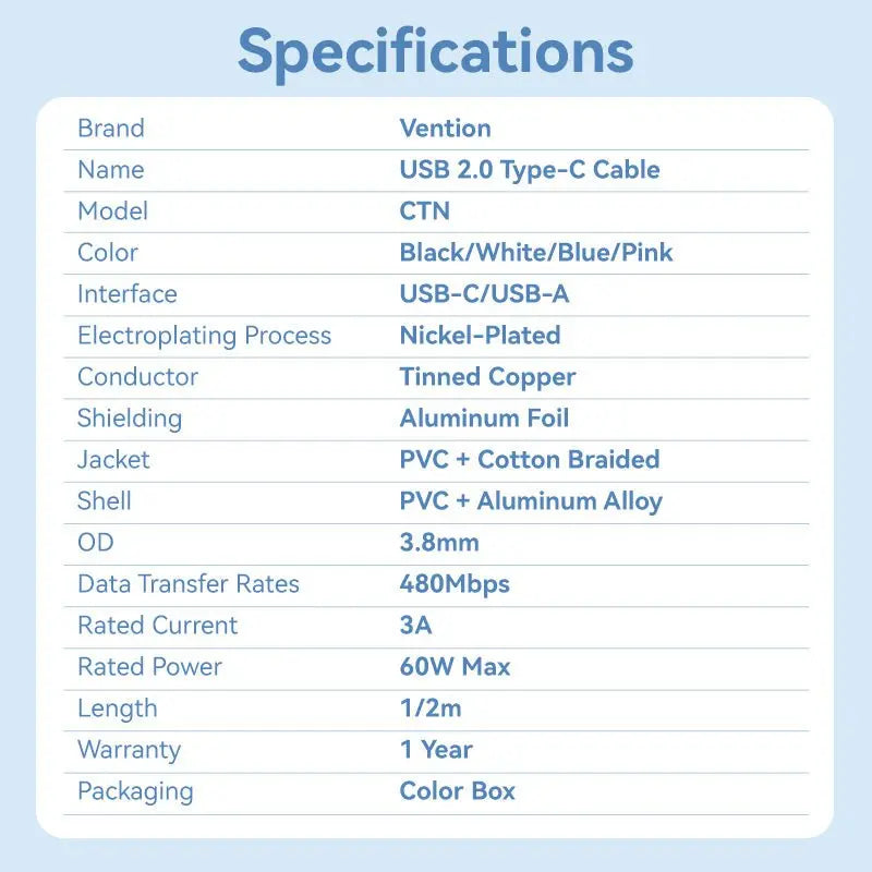 Vention USB 2.0 A Male to C Male 3A Cable Aluminum Alloy Type