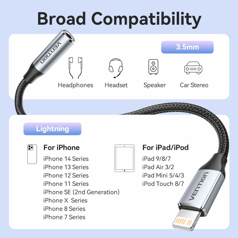Vention Cotton Braided Lightning Male to 3.5MM Earphone Jack Adapter Aluminum Alloy Type