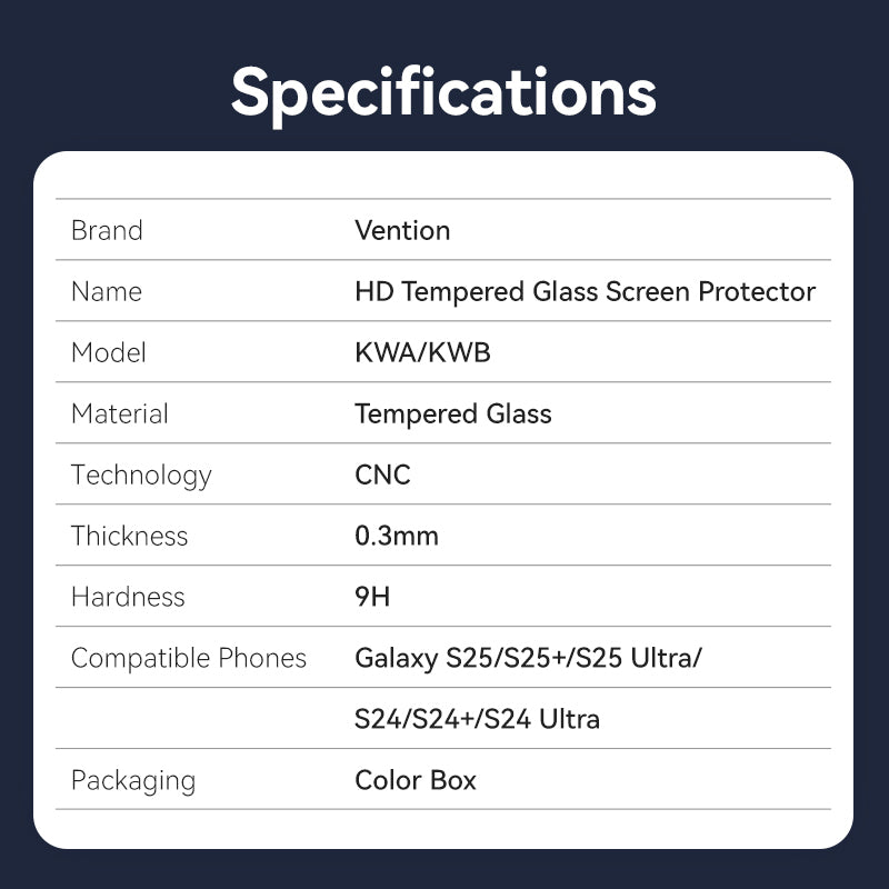 Vention HD Tempered Glass Screen Protector for Samsung Galaxy S25 6.2" with Dust-Free Installation Tool
