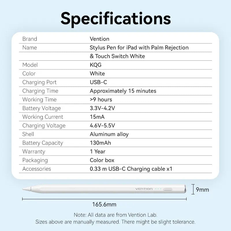 Vention Stylus Pen for iPad with Palm Rejection & Touch Switch White