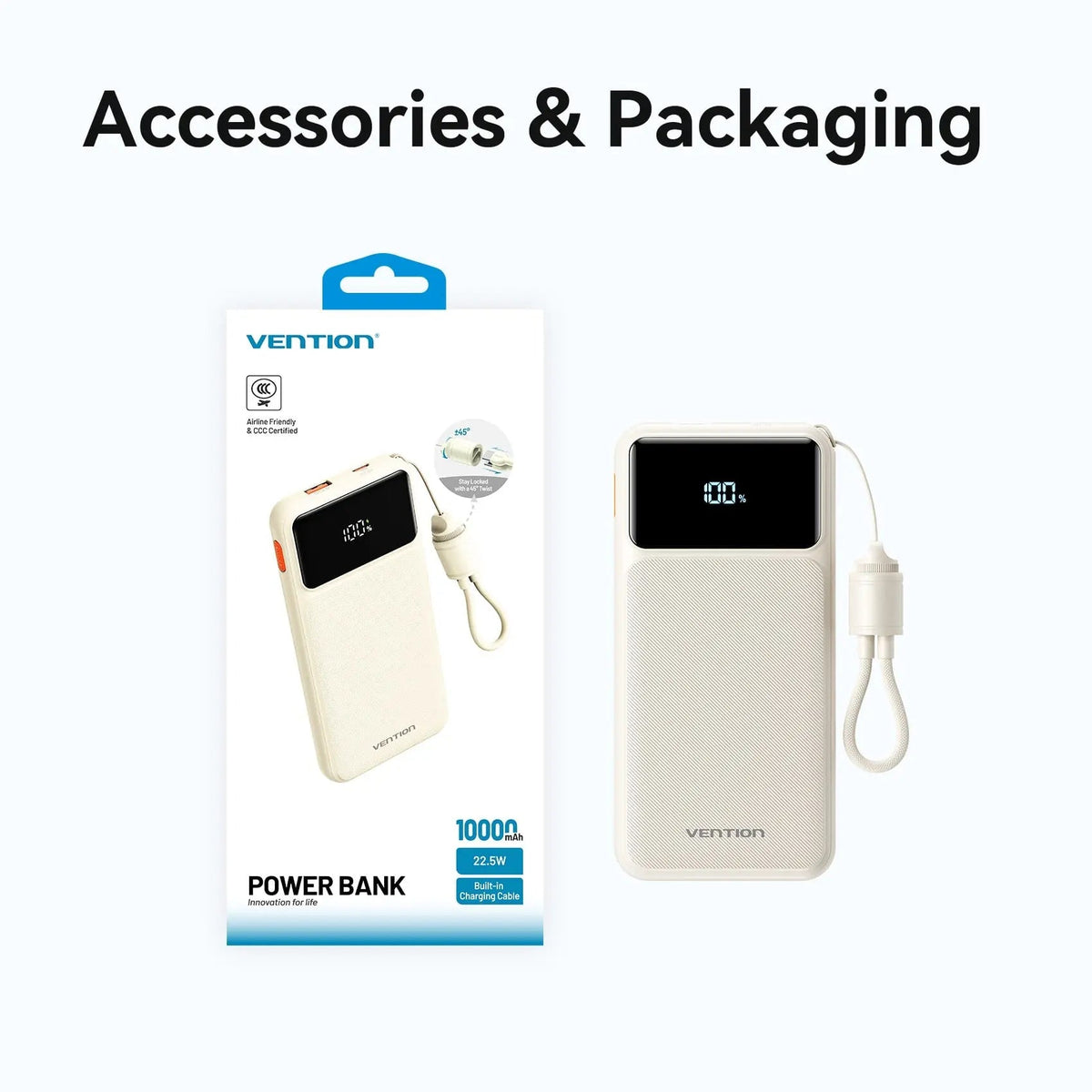 Vention 10000mAh Power Bank (USB-C + USB-A) with Built-in Cable 22.5W LED Display Type