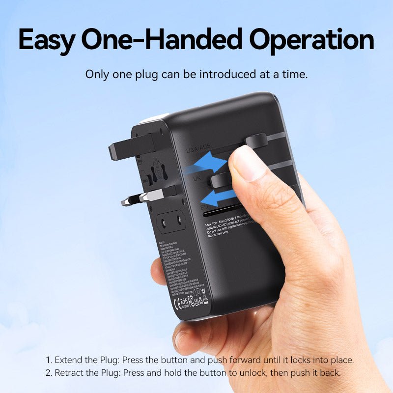 Vention 3-Port USB (C + A + A) GaN Universal Travel Adapter (65W/60W/5W) with Built-in USB-C Cable Black