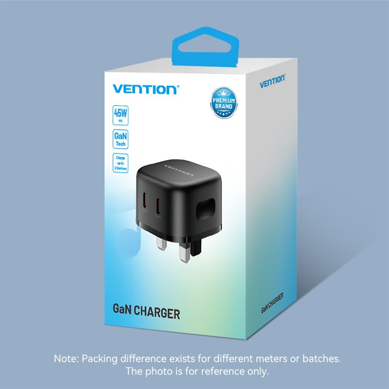 Vention 2-Port USB (C + C) GaN Charger (45W/45W) UK-Plug Black