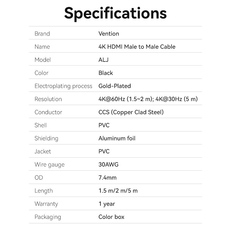 Vention HDMI™-A Male to Male 4K HD Cable 1.5M Black
