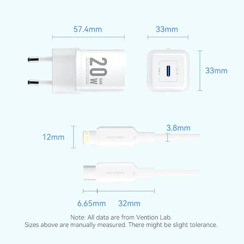 Vention 1-Port USB-C GaN Charger (20W) with USB-C to USB-C Cable
