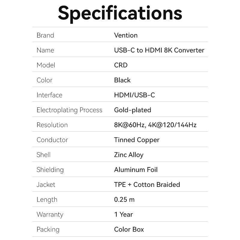 Vention Cotton Braided USB-C to HDMI™ 8K Converter 0.25M Black Zinc Alloy Type