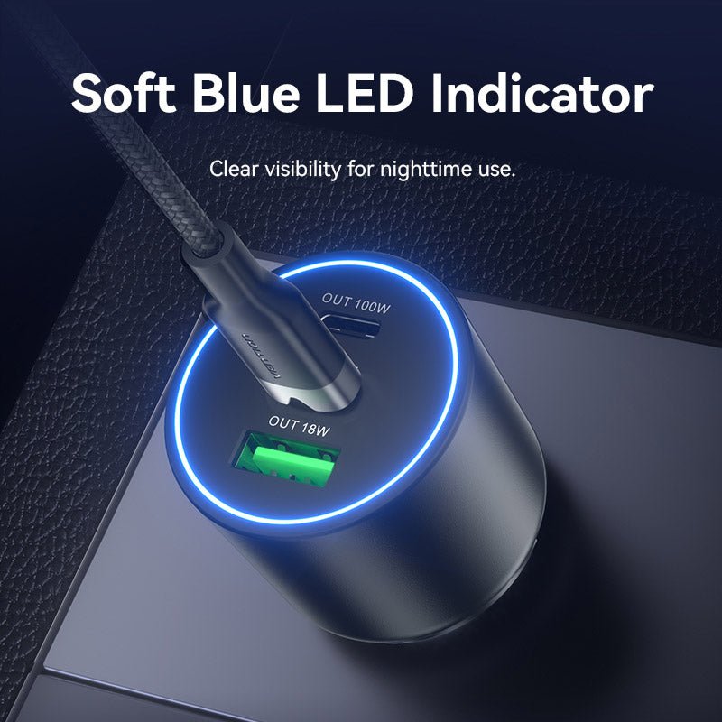 Vention Three-Port USB C+C+A (100W+30W+18W) Car Charger Black ABS Type