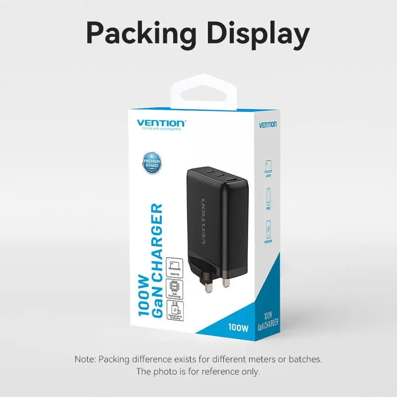 Vention 3-Port USB (C+C+A) GaN Charger (100W/65W/30W) UK-Plug