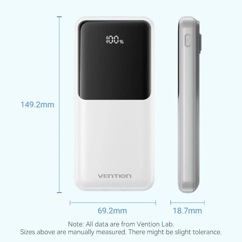 Vention 10000mAh Power Bank with Built-in USB-C and Lightning Cables 22.5W Black LED Display Universal Type