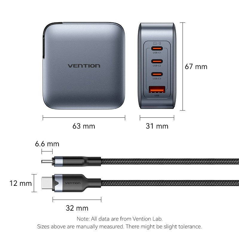 Vention 4-Port USB (C + C + C + A) GaN Charger (100W/100W/30W/30W) UK-Plug Gray