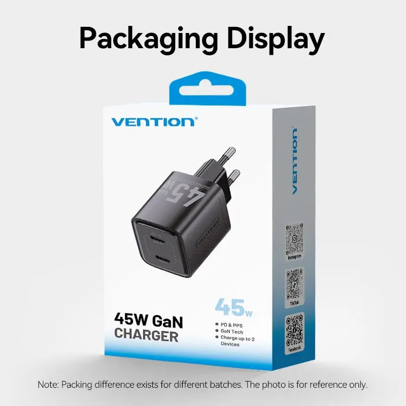 Vention 2-Port USB (C + C) GaN Charger (45W/45W) EU-Plug Black