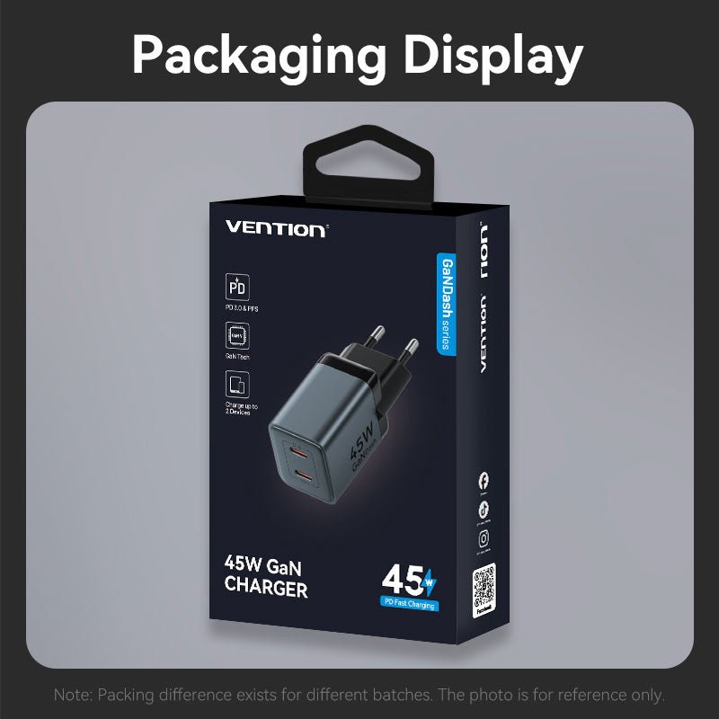 Vention 2-Port USB (C + C) GaN Charger (45W/45W) EU-Plug Gray