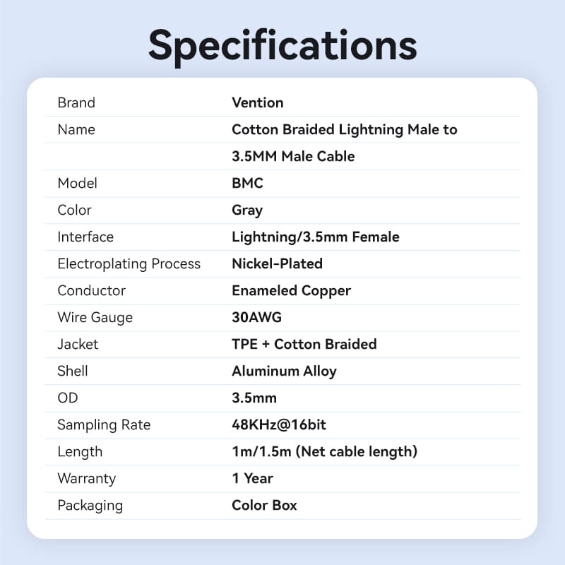 Vention Cotton Braided Lightning Male to 3.5MM Male Cable  Aluminum Alloy Type