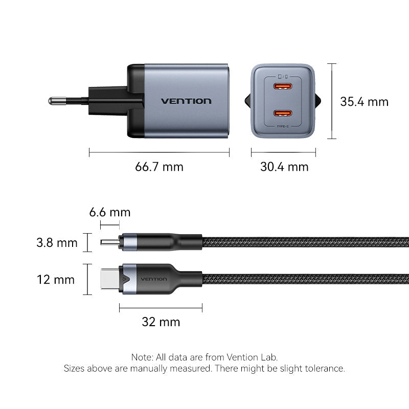 Vention 2-Port USB (C + C) GaN Charger (45W/45W) Gray with USB-C to USB-C Cable (1M) Black EU-Plug