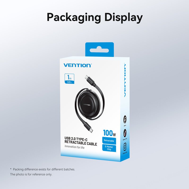 Vention USB 2.0 Type-C Male to Type-C Male 5A Retractable Cable 1M Black