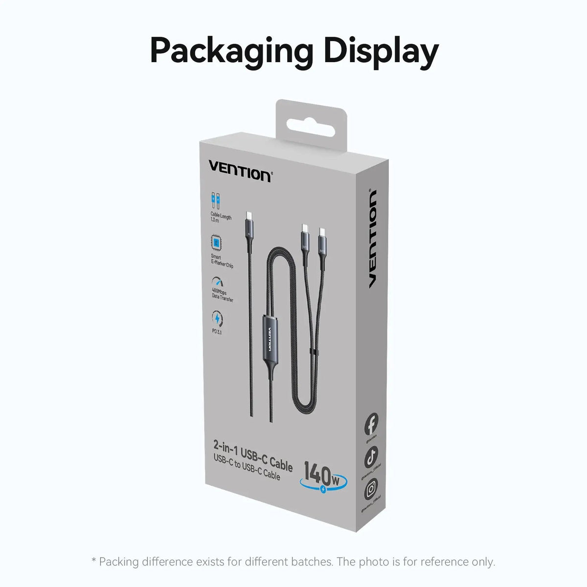 Vention USB 2.0 Type-C Male to 2 Type-C Male 5A Cable Black Aluminum Alloy Type