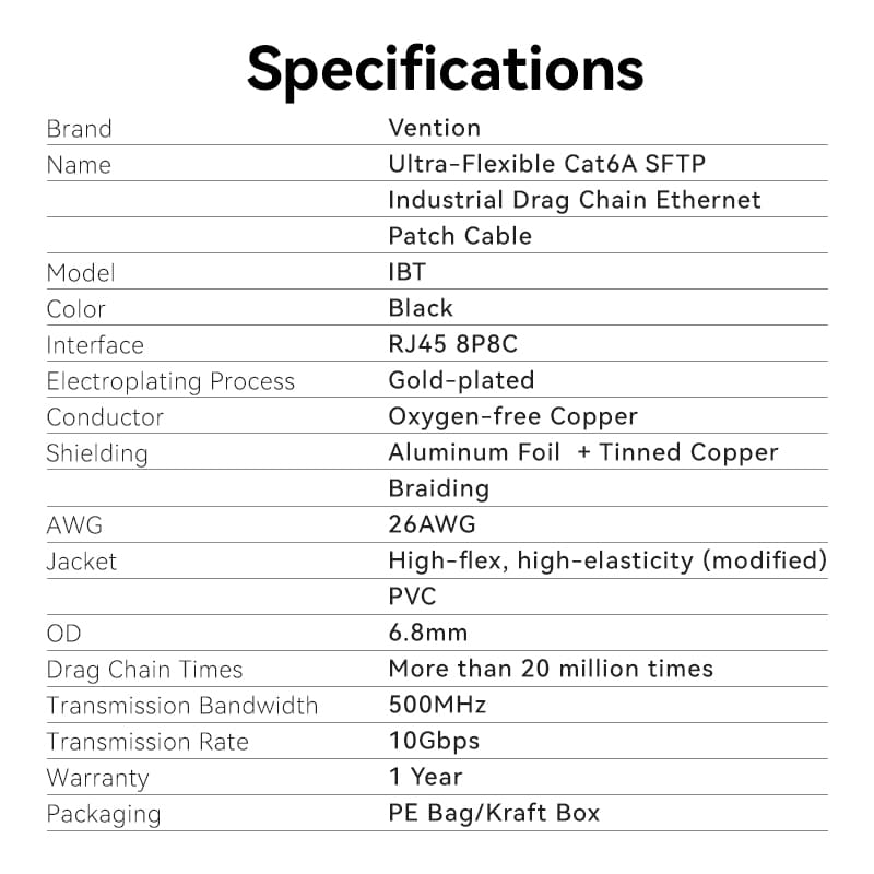 Vention Cat6A SFTP Industrial Drag Chain Ethernet Patch Cable