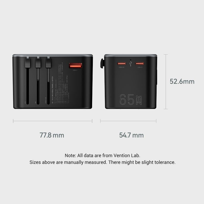 Vention 3-Port USB (C+C+A) GaN Universal Travel Adapter (65W/65W/30W)