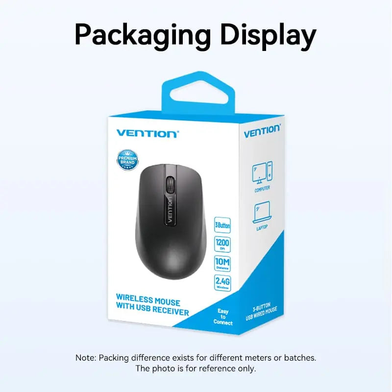 Vention 3-Button Wireless Computer Mouse with USB Receiver Black