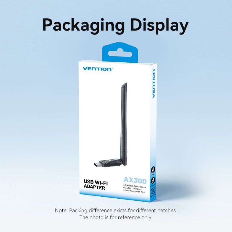 Vention AX300 USB Wi-Fi Single Band Adapter With High Gain Antenna Black
