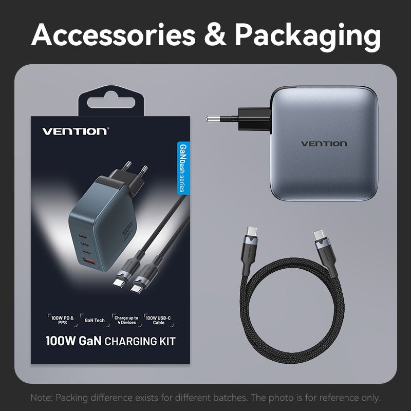 Vention 4-Port USB (C + C + C + A) GaN Charger (100W/100W/30W/30W) Gray with USB-C to USB-C Cable (1M) Black EU-Plug