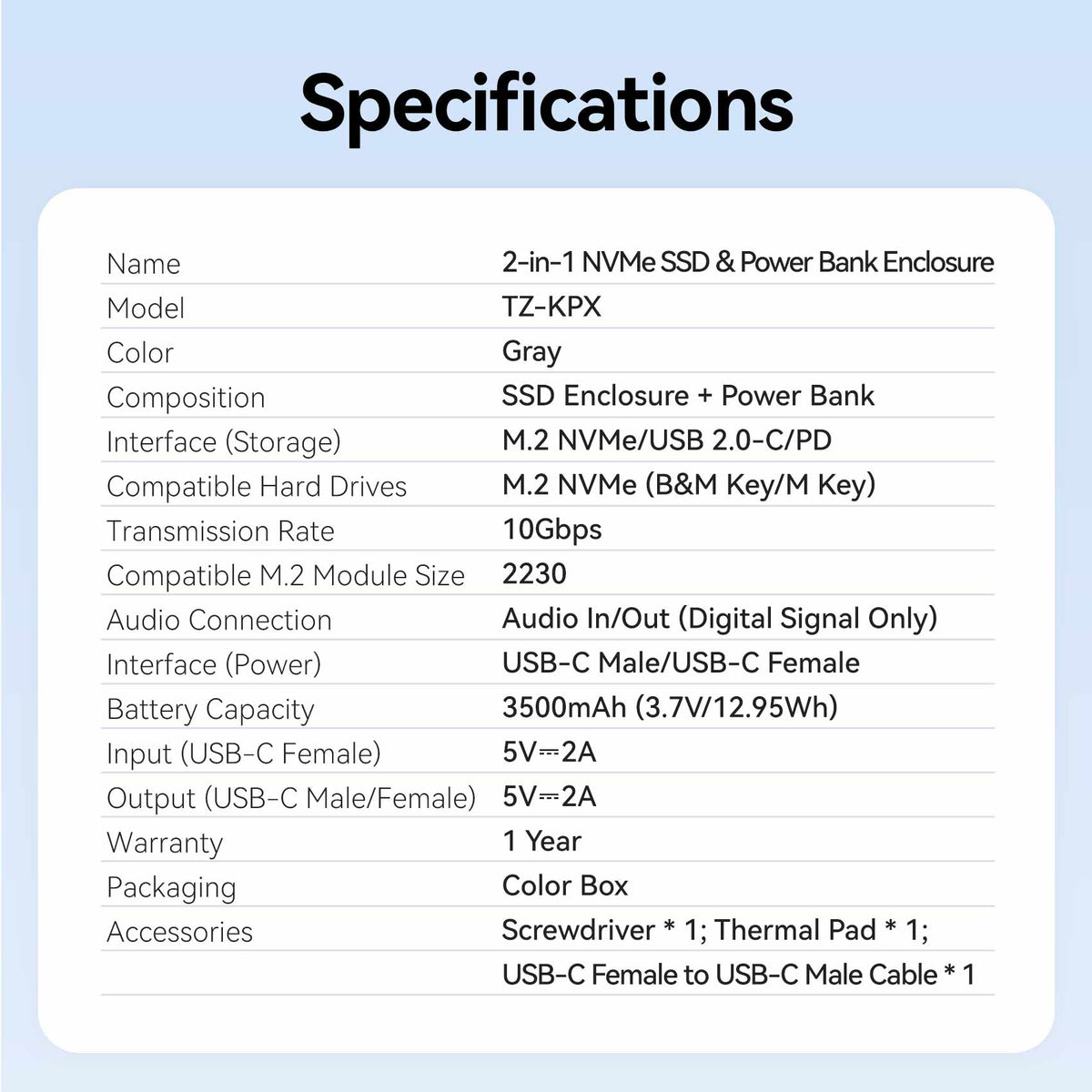 Vention Cable-Free M.2 NVMe SSD Enclosure+ 3500mAh Power Bank