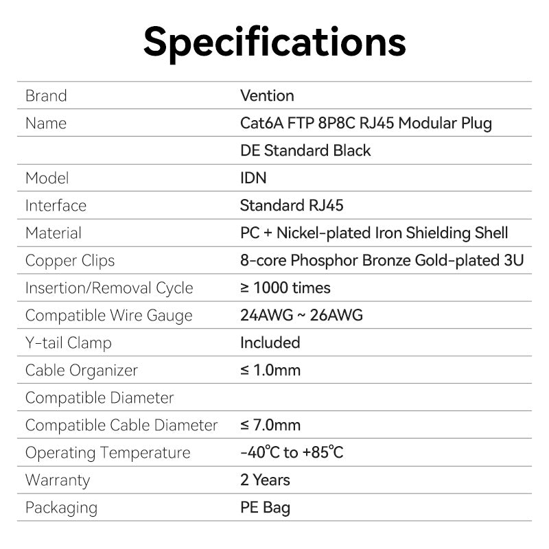 Vention Cat6A FTP 8P8C RJ45 Modular Plug DE Standard Black