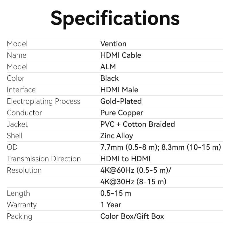 Vention Cotton Braided 4K HDMI™ Male to Male Cable Black Zinc Alloy Type