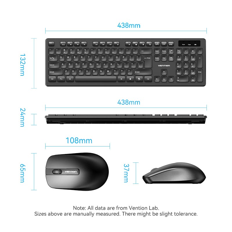 Vention Wireless Full-Sized Keyboard and Mouse Combo with Mouse Pad Black Slim Type - US English Layout
