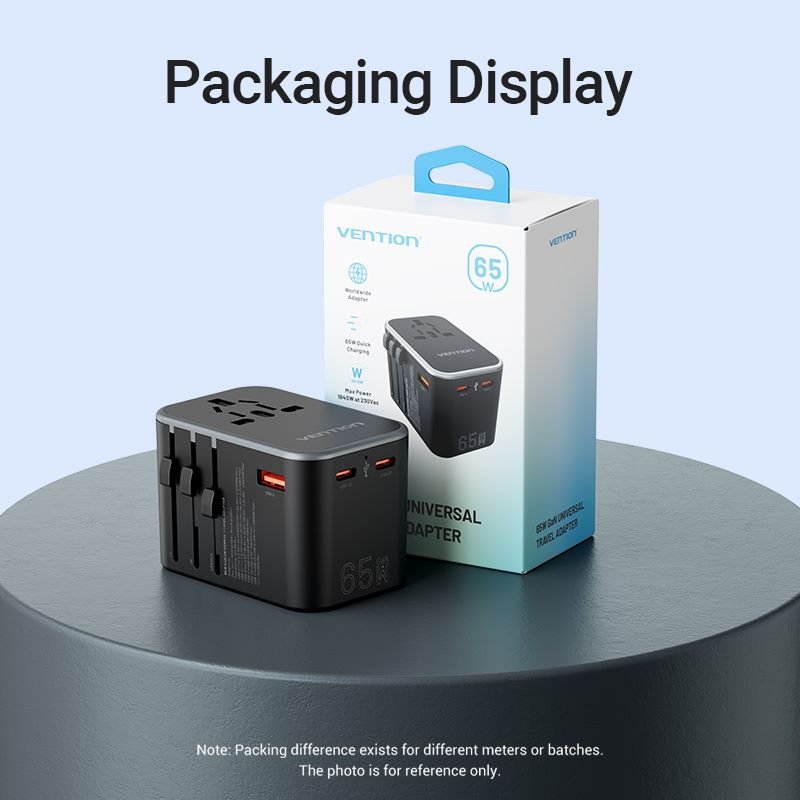 Vention 3-Port USB (C+C+A) GaN Universal Travel Adapter (65W/65W/30W)